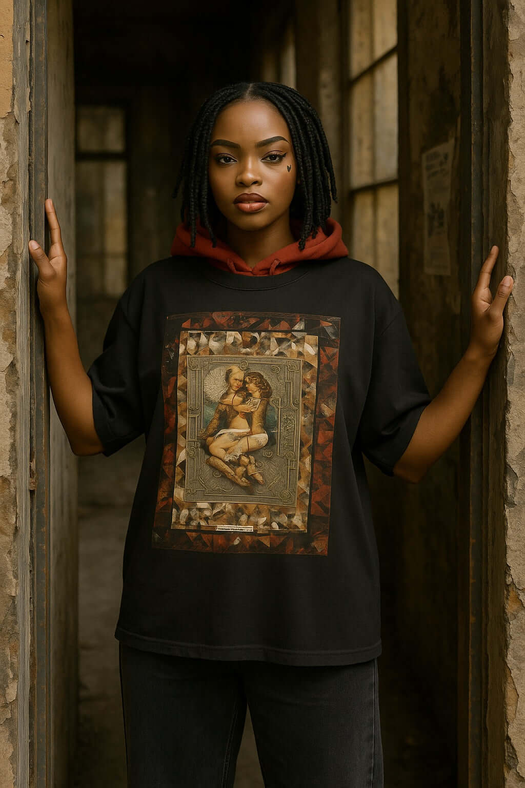 Oversized T-shirt with a vintage design featuring two figures in a delicate embrace, styled with a bold, artistic frame.