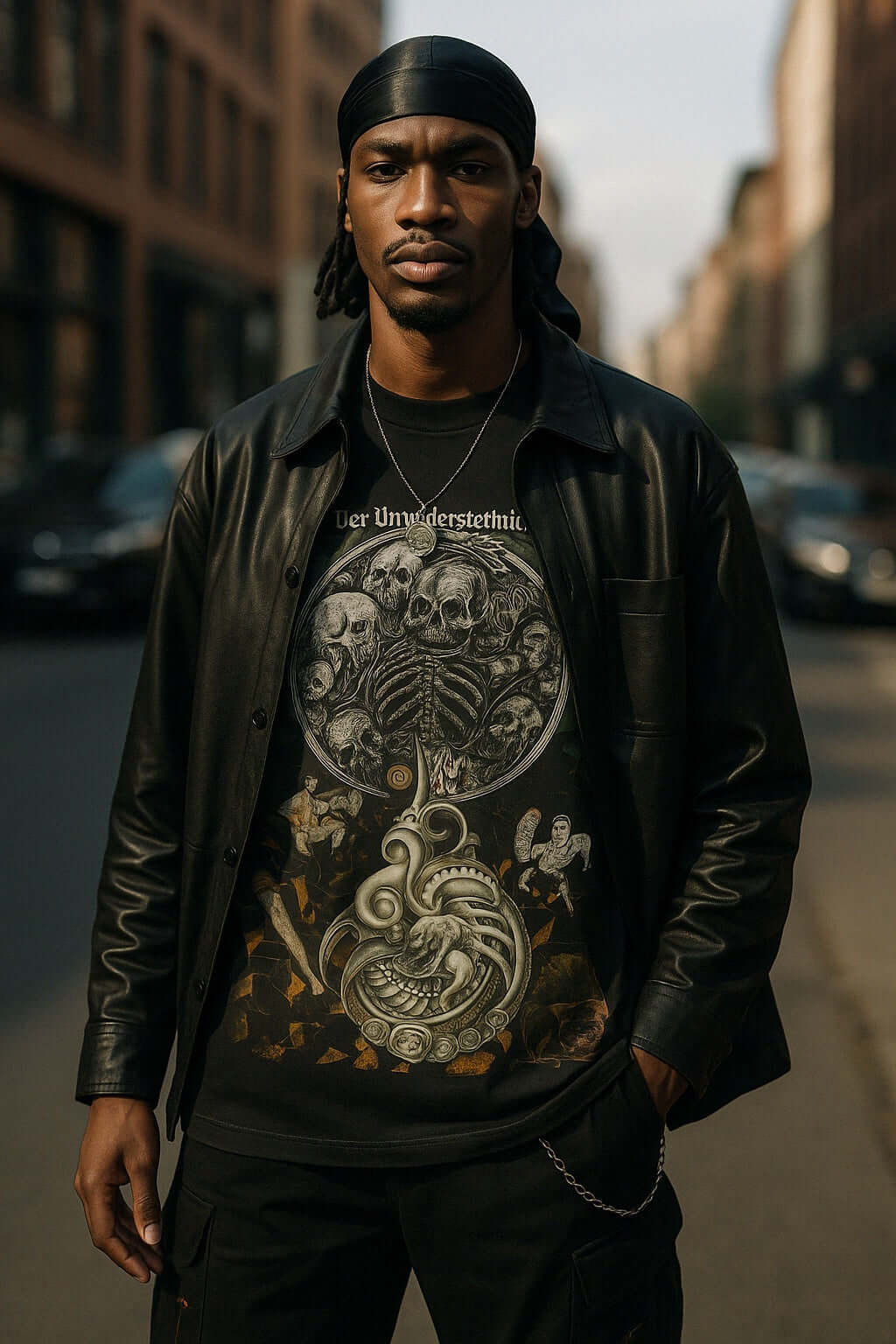 Man wearing "Der Unwiderstehliche" oversized T-shirt with skulls and tentacles in urban setting.