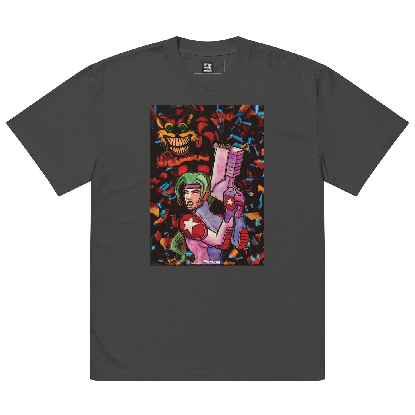 Oversized T-shirt featuring a futuristic warrior and a grotesque creature in vibrant colors.