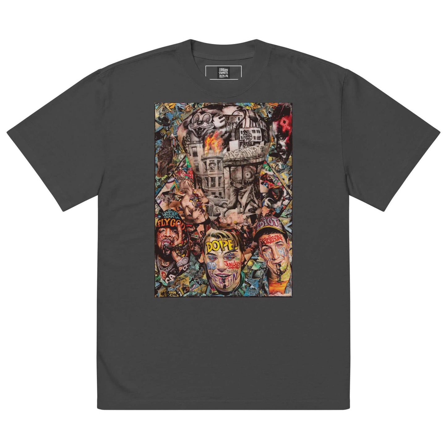 DOPE oversized t-shirt featuring urban art collage with graffiti and tattoo culture elements.