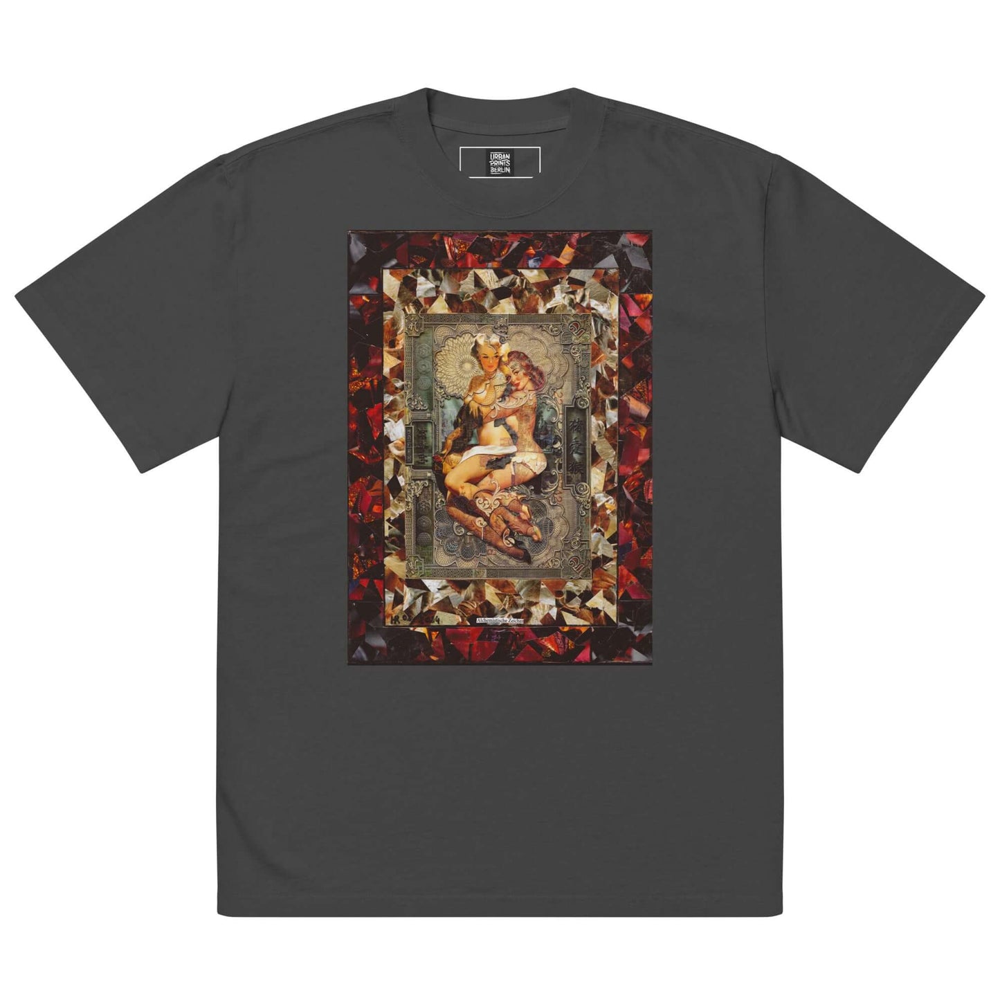 Oversized T-Shirt featuring alchemical art of two demonesses in a golden frame, perfect for rebellious vintage style.
