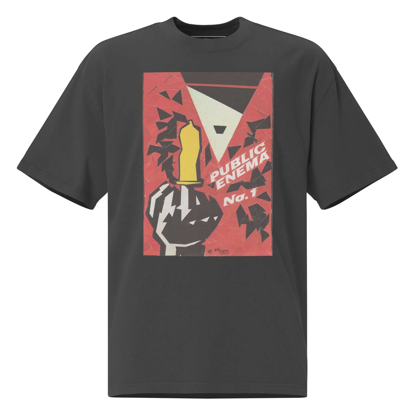 Oversized Public Enema No. 1 T-shirt featuring bold graphic design and a distressed look, symbolizing resistance and raw energy.