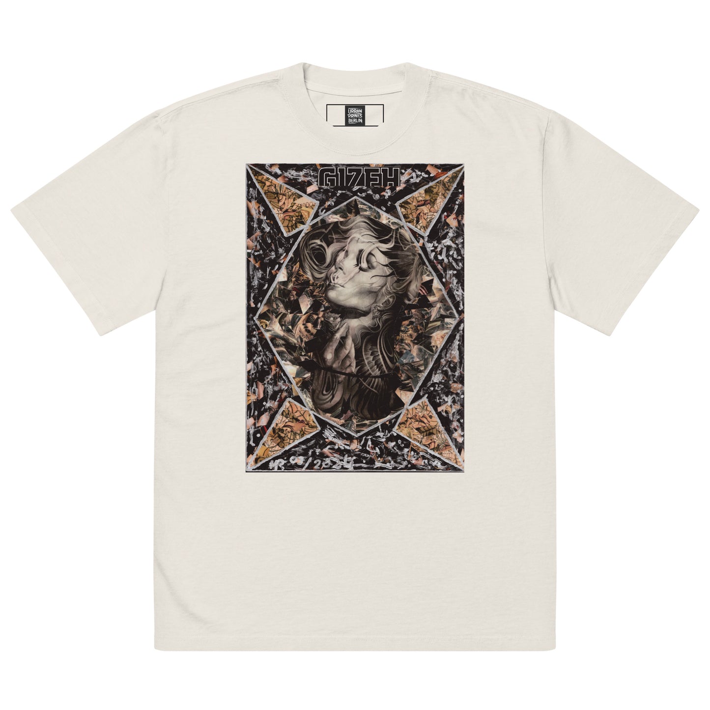GIZEH oversized T-shirt featuring a collage design with urban and nostalgic vibes, showcasing fragmented aesthetics.