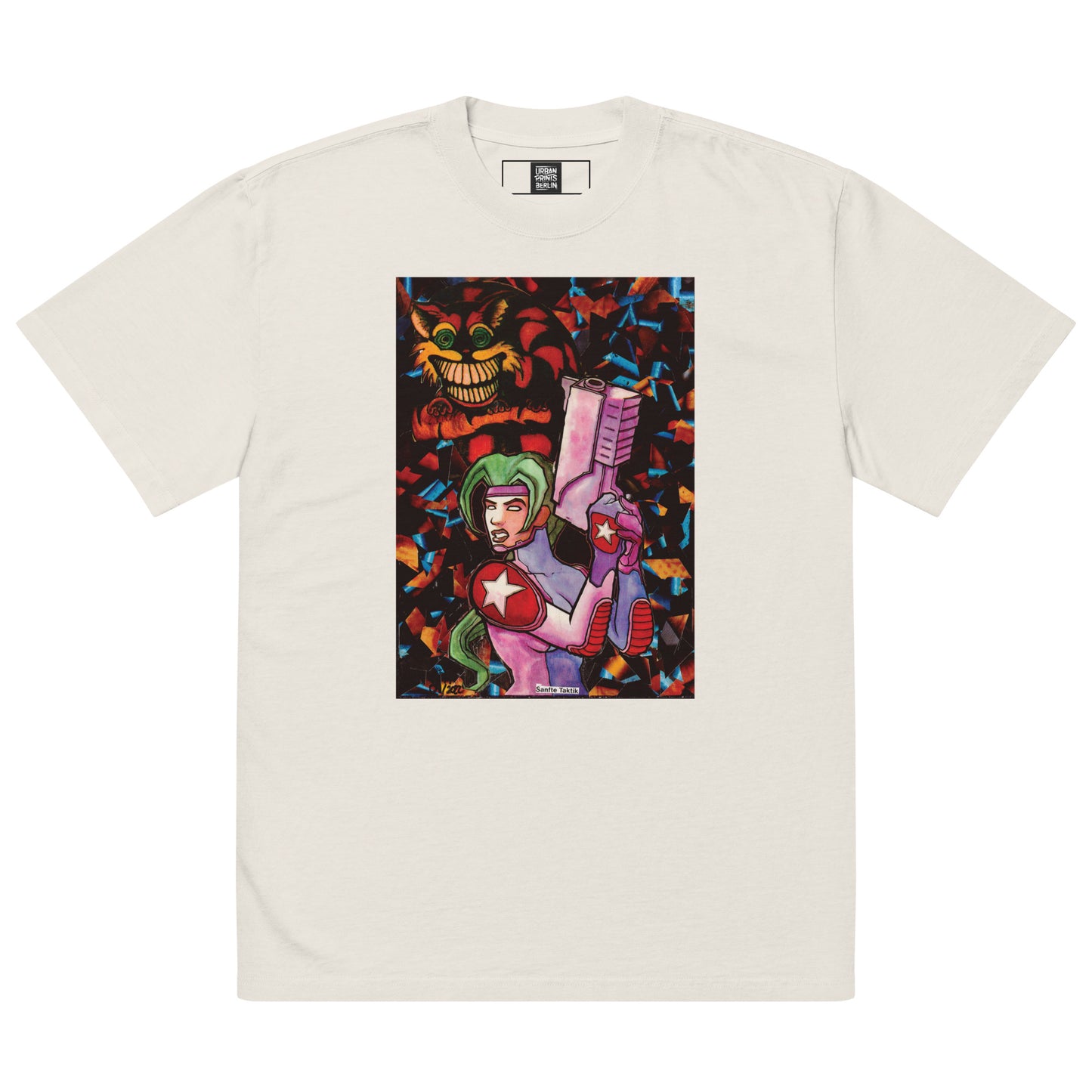 Oversized T-Shirt featuring a futuristic warrior and a grinning creature, blending chaos and control in a colorful design.