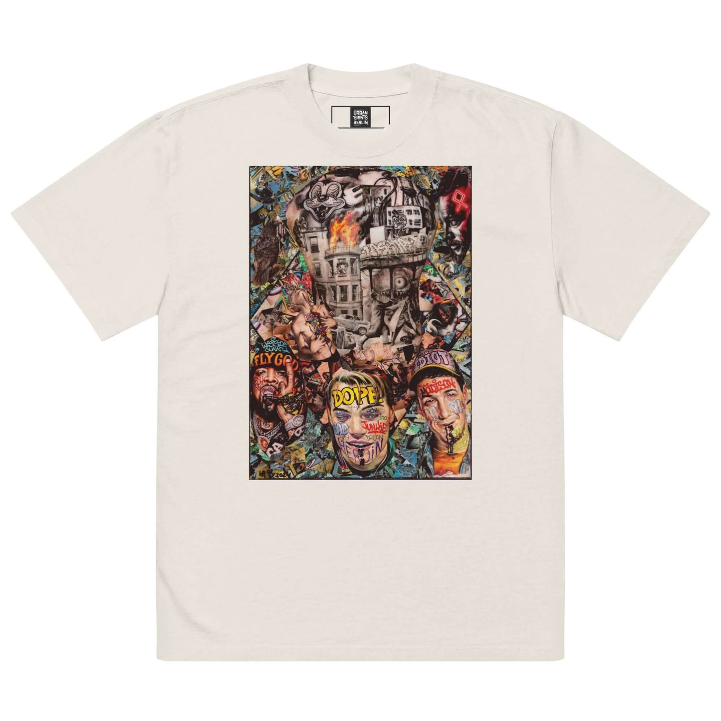 DOPE oversized t-shirt featuring vibrant urban art collage inspired by graffiti and modern media.