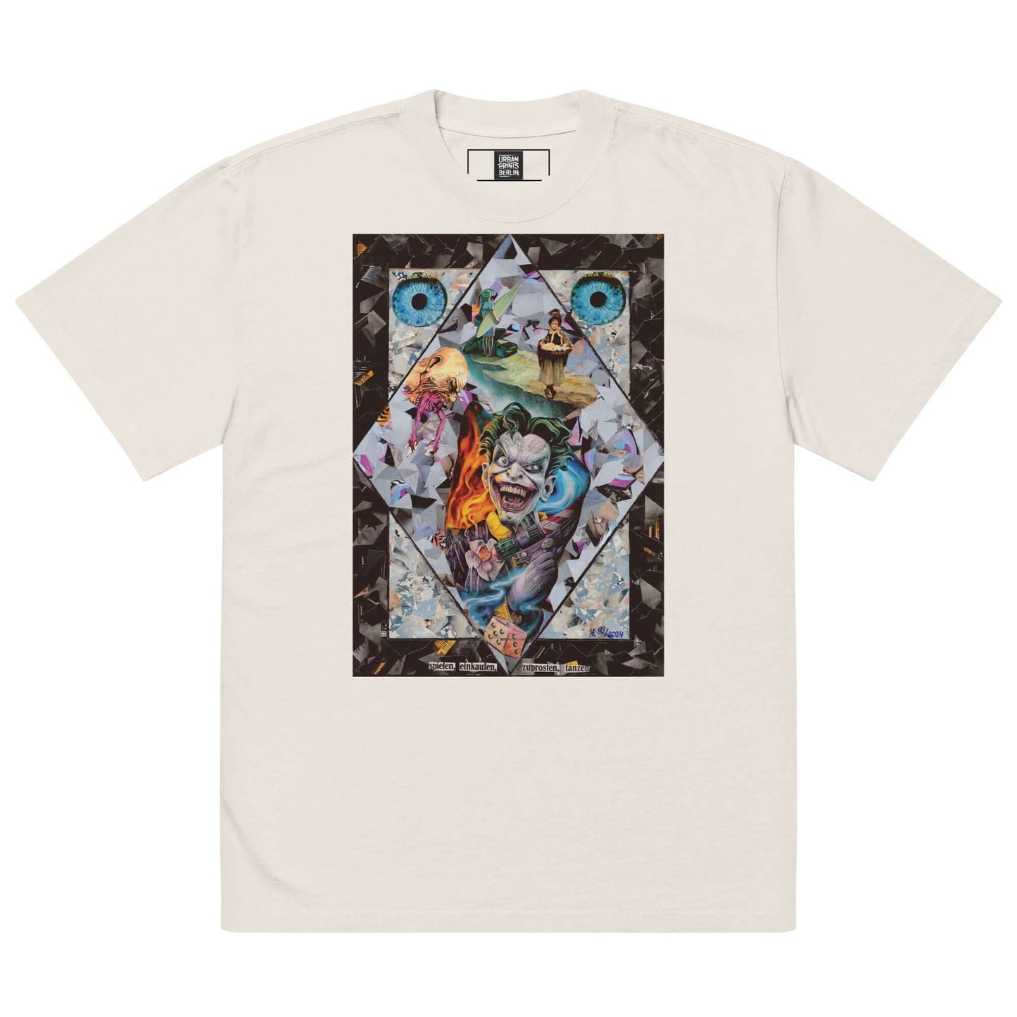 Oversized T-Shirt featuring vibrant urban art design with chaotic and contrasting symbols, perfect for modern streetwear.
