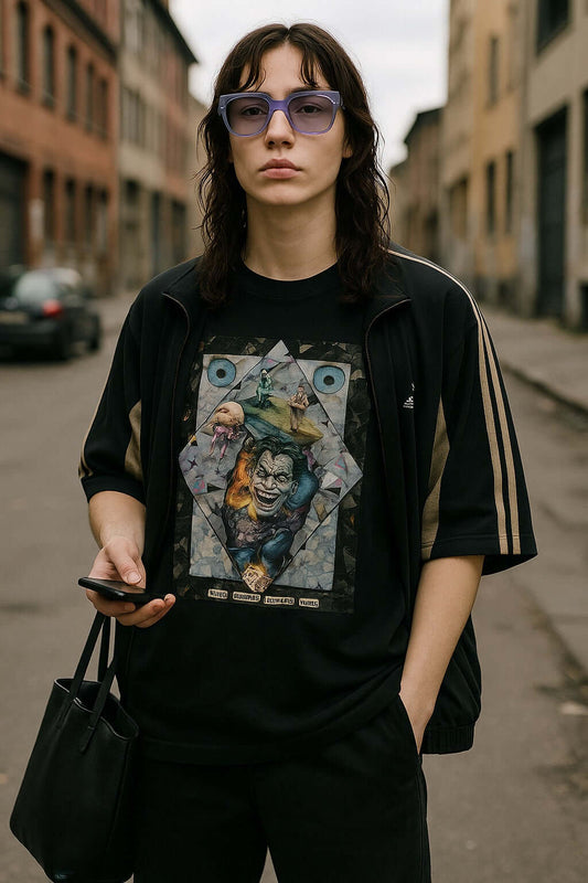 Urbane Kultur: Cleveres oversized T-Shirt mit chaotischem Design in urbaner Umgebung.