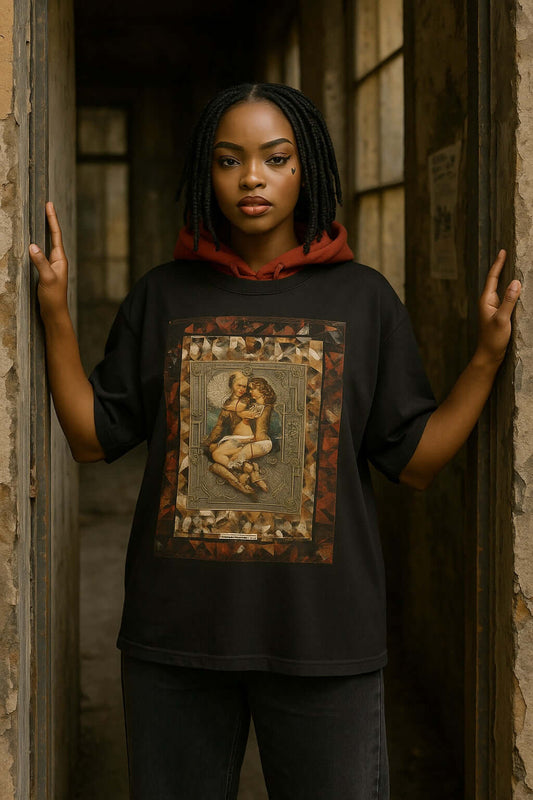 Oversized T-shirt with a vintage design featuring two figures in a delicate embrace, styled with a bold, artistic frame.