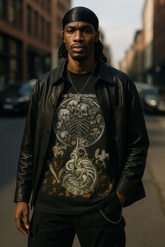 Man wearing "Der Unwiderstehliche" oversized T-shirt with skulls and tentacles in urban setting.