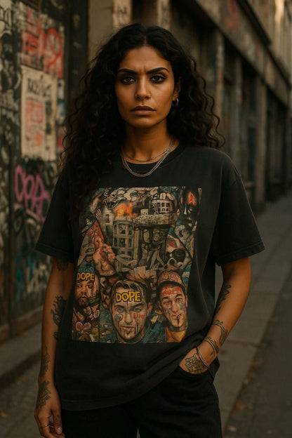 Model wearing DOPE oversized t-shirt featuring urban art collage, showcasing graffiti and modern media influence.