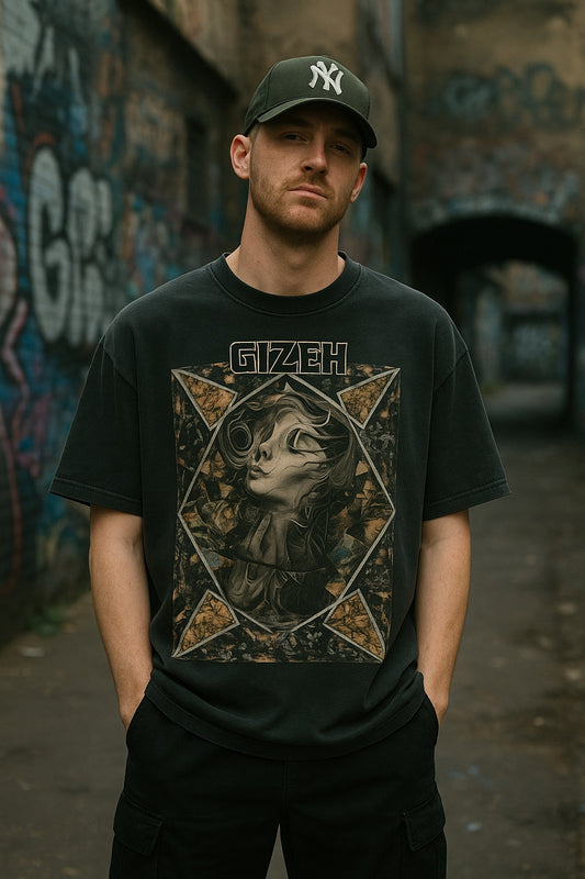 GIZEH oversized t-shirt with gritty collage design, worn by man in urban setting, embodying chaos and nostalgia.