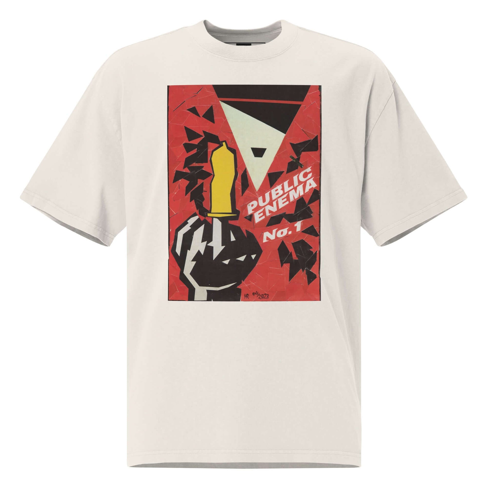 Oversized PUBLIC ENEMA No. 1 T-shirt featuring bold protest graphic design on a neutral background.
