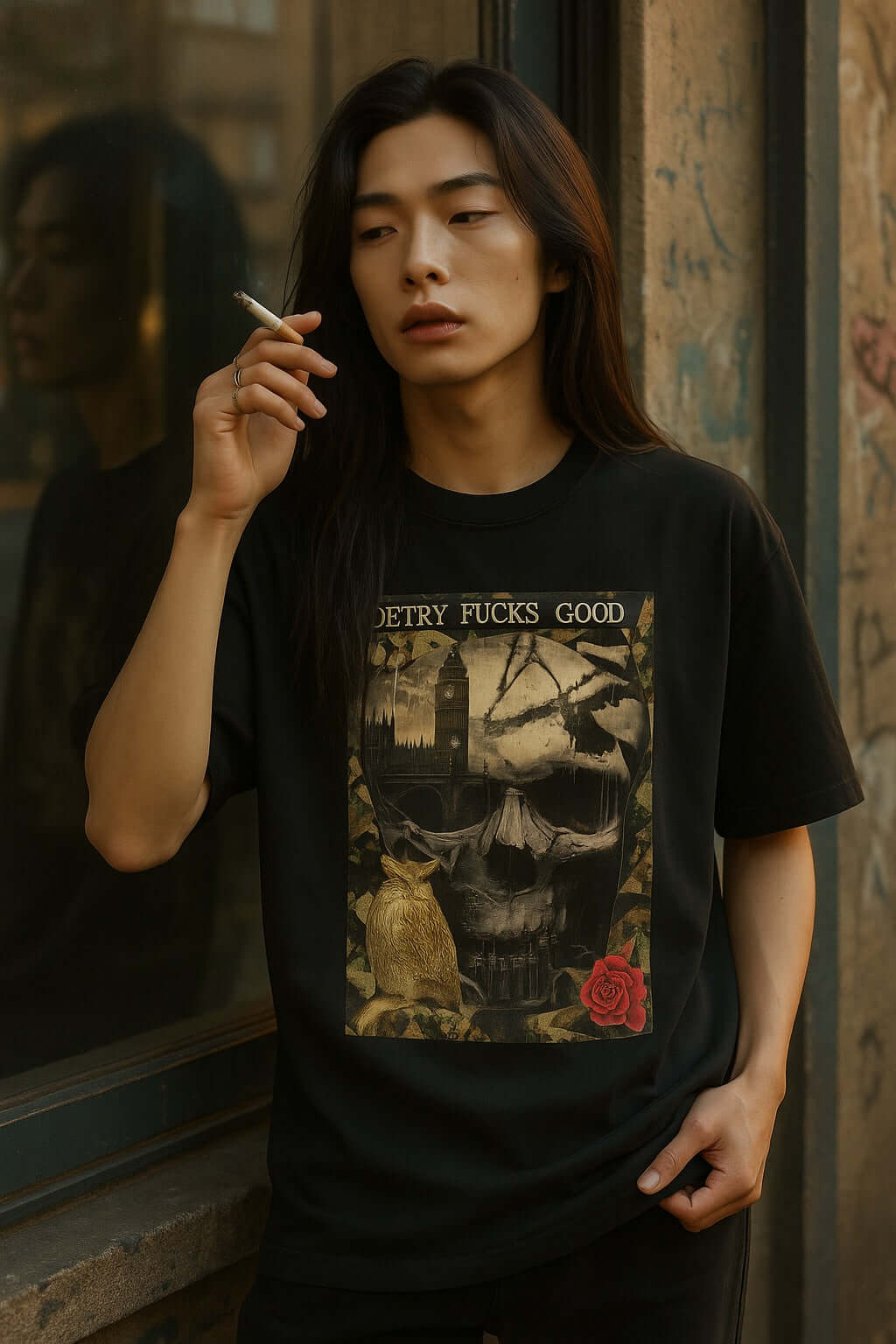 Person wearing 'Poetry Fucks Good' oversized t-shirt, styled with edgy graphics and a cigarette.