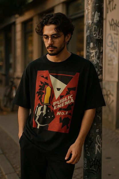 Man wearing PUBLIC ENEMA No. 1 oversized t-shirt featuring bold protest graphic design against a city backdrop.