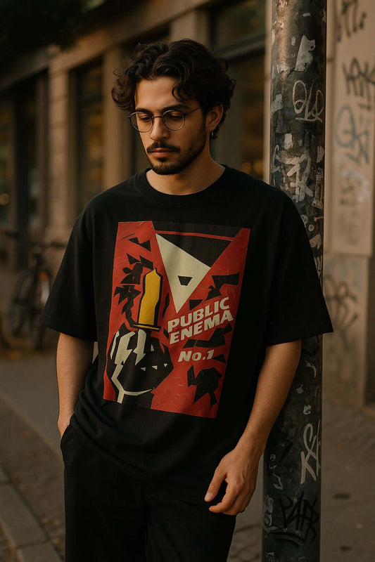 Man wearing PUBLIC ENEMA No. 1 oversized t-shirt featuring bold protest graphic design against a city backdrop.
