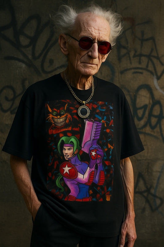 Stylish elderly man in sunglasses wearing oversized Sanfte Taktik t-shirt featuring a bold graphic design.